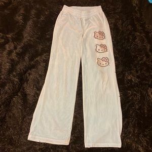 Blue felt sweat pants with hello kitty rhinestones